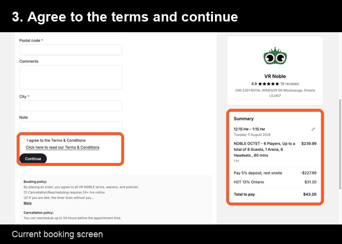 Agree to the terms, continue, and review the online deposit